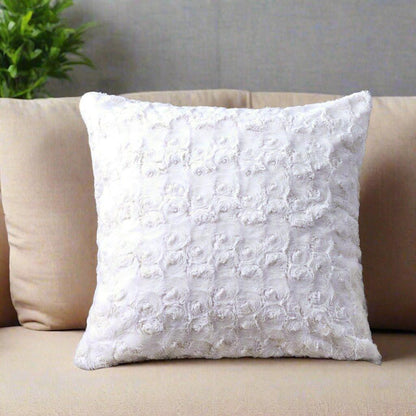 DaDa Bedding Luxury White Roses + Swirls Faux Fur Euro Throw Pillow Cover
