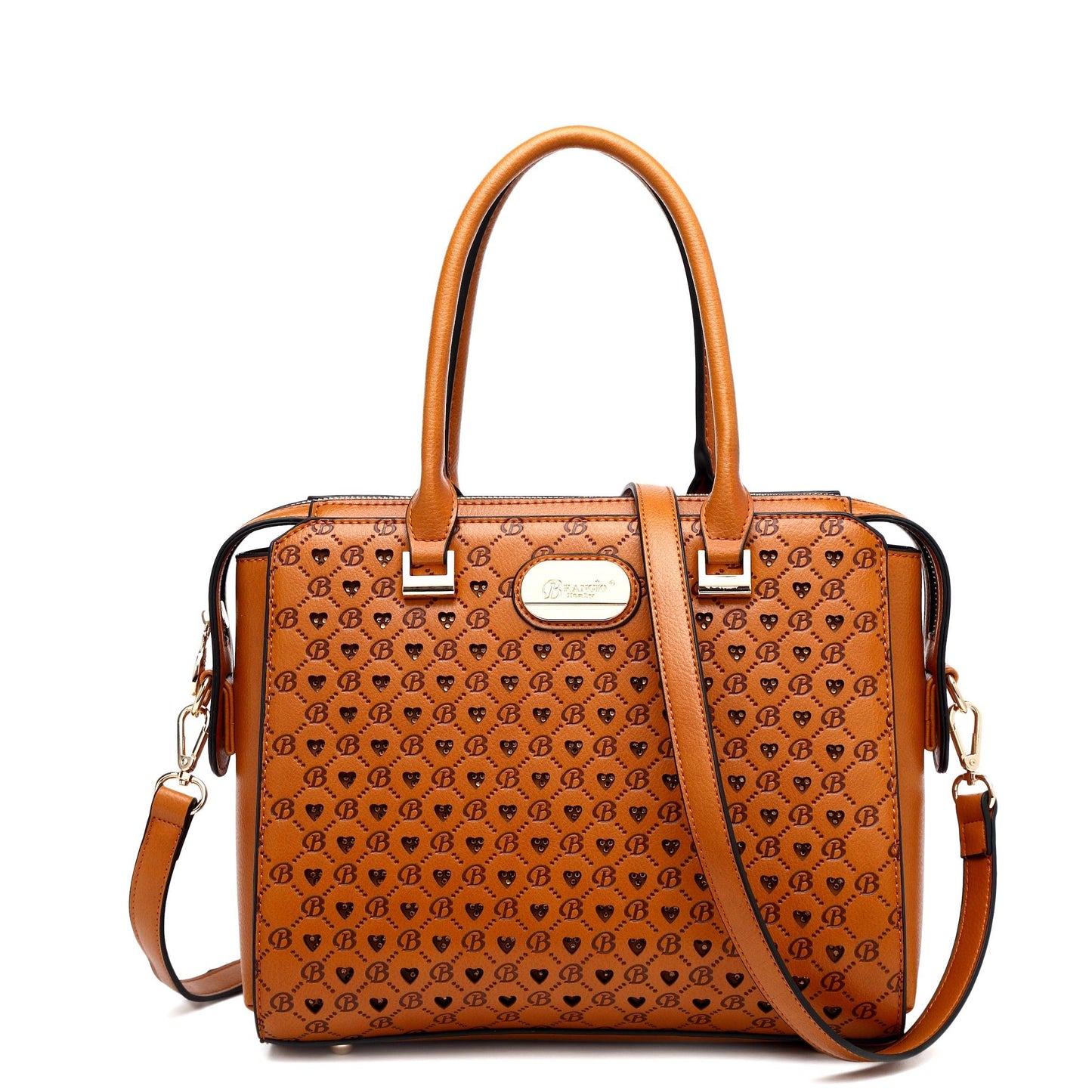 Brangio Italy Monogram Designer Satchel – Cognac Faux Leather Handbag