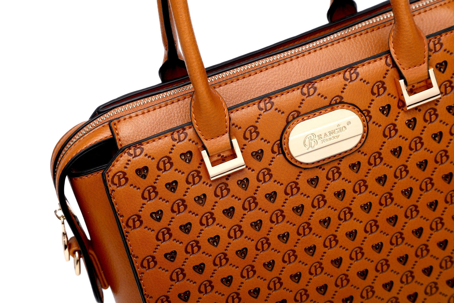 Brangio Italy Monogram Designer Satchel – Cognac Faux Leather Handbag