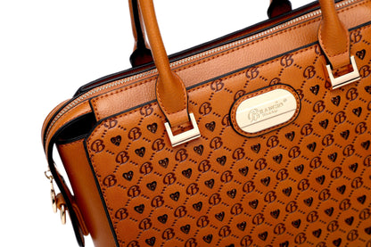 Brangio Italy Monogram Designer Satchel – Cognac Faux Leather Handbag
