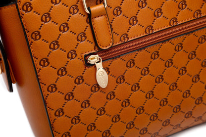 Brangio Italy Monogram Designer Satchel – Cognac Faux Leather Handbag