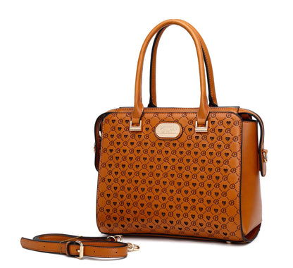 Brangio Italy Monogram Designer Satchel – Cognac Faux Leather Handbag