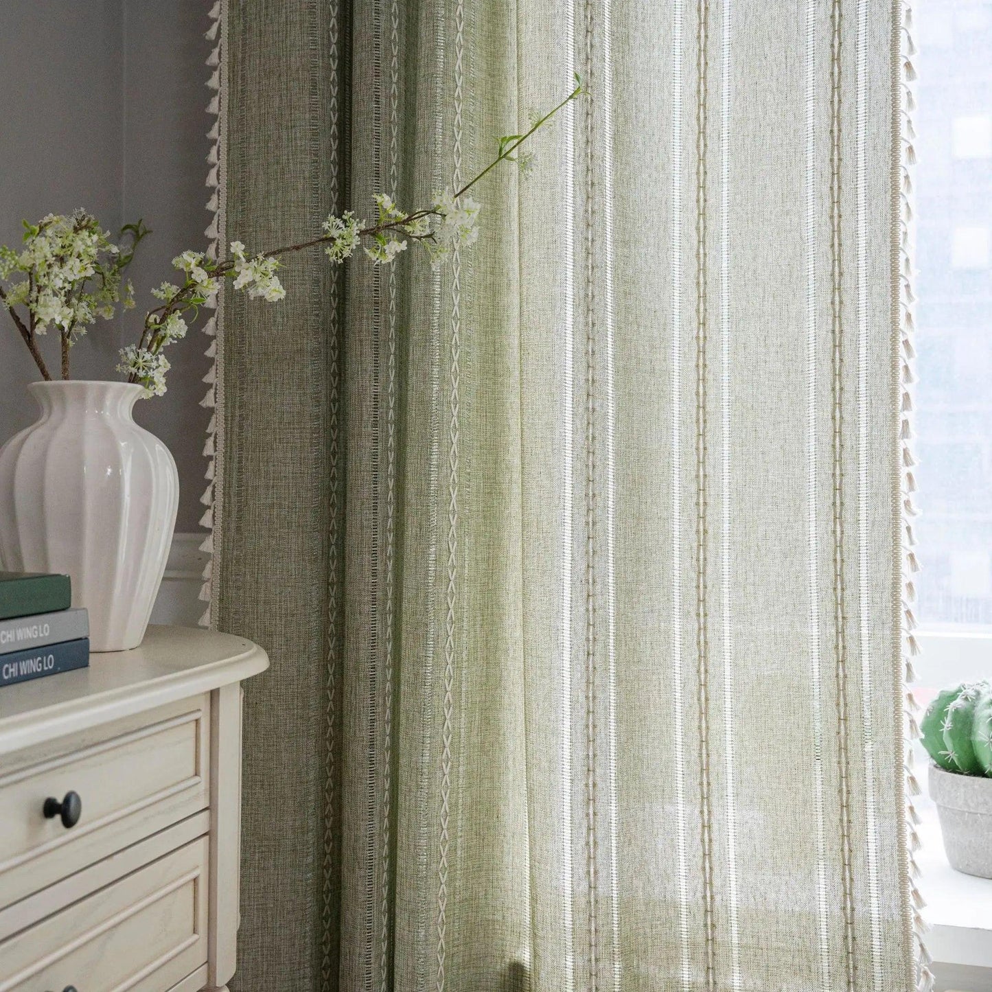 Cotton Linen Blending Curtains Rod Pocket, Shade Curtain w/ Tassel