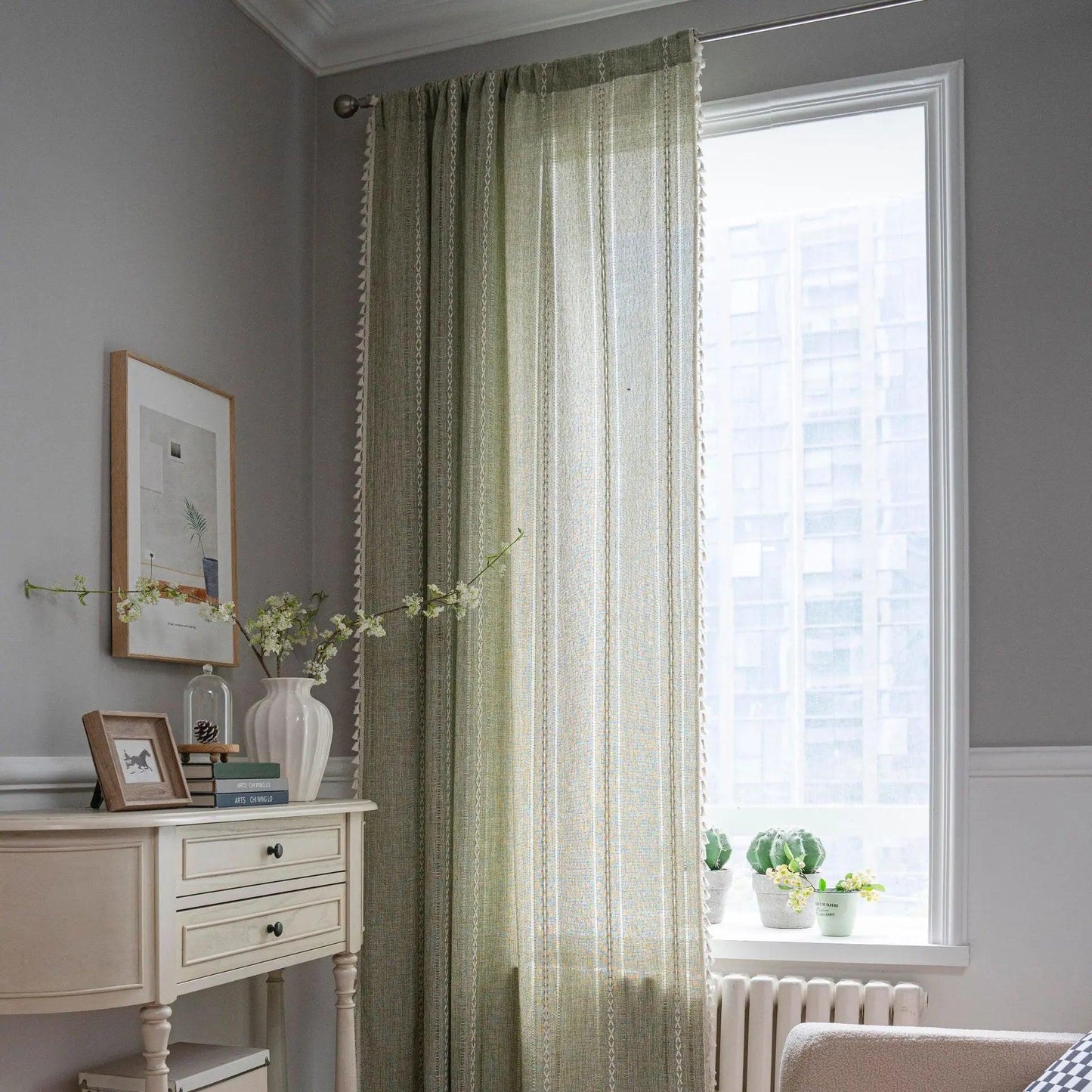 Cotton Linen Blending Curtains Rod Pocket, Shade Curtain w/ Tassel