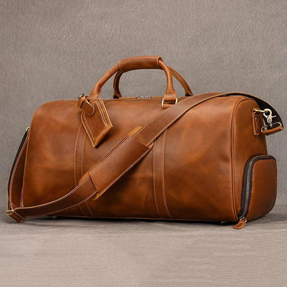 Premium cowskin travel bag showcasing durable craftsmanship and stylish design for sophisticated travelers.