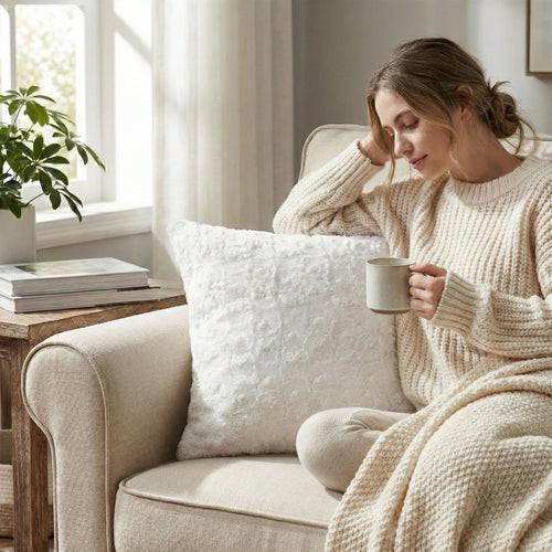 DaDa Bedding Luxury White Roses + Swirls Faux Fur Euro Throw Pillow Cover