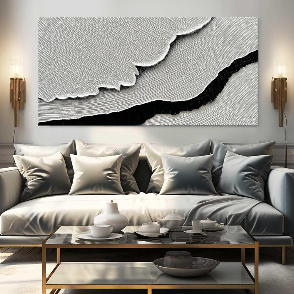 Black White Sea Waves Abstract Paintings Hand-painted Wall Art Horizontal Oil Painting Textured Art Home Living Room Bedroom Decor.