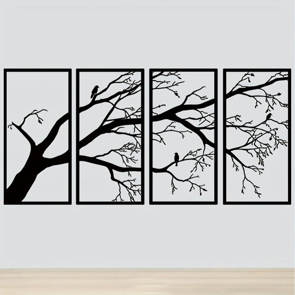 Modern Aluminum Tree Branch and Flying Bird Four-Piece Wall Art Minimalist Nature Theme Home Decor