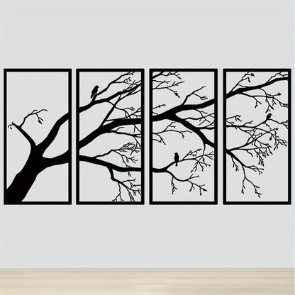 Modern Aluminum Tree Branch and Flying Bird Four-Piece Wall Art Minimalist Nature Theme Home Decor