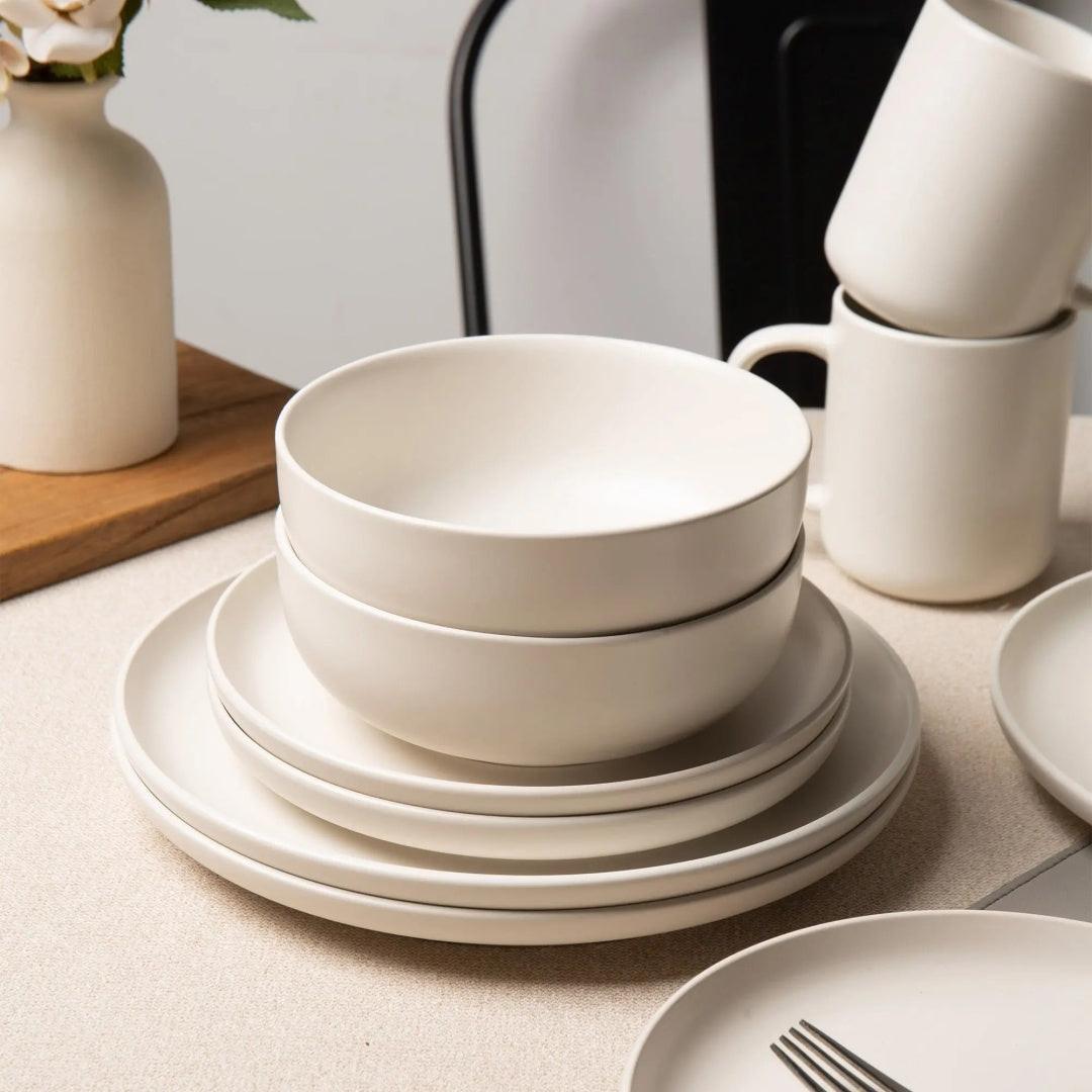 12-Piece Stoneware Dinnerware Sets With Mugs  Microwave  Dishwasher Safe  Non-Toxic Dinner Plates Bowls Set  Stackable Matte Glaze Kitchenware For 3