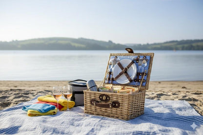 Wicker Picnic Basket Set For 2 Gingham Liner, Plates & Cutlery