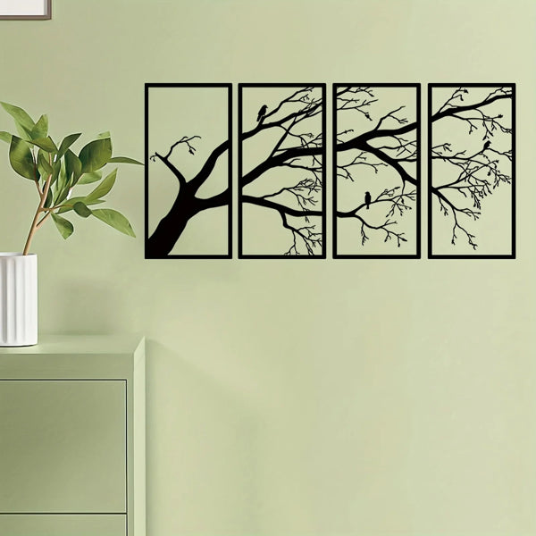 Modern Aluminum Tree Branch and Flying Bird Four-Piece Wall Art Minimalist Nature Theme Home Decor