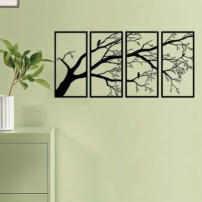 Modern Aluminum Tree Branch and Flying Bird Four-Piece Wall Art Minimalist Nature Theme Home Decor