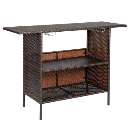 Including 2 Wine Glass Holders, Brown Gradient Woven Rattan Bar Table