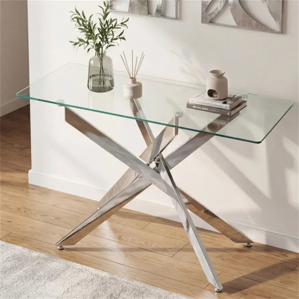 45 Inch Tempered Glass Entryway Table, Silver Chrome Metal Console Table With Adjustable Feet For Home Decor.