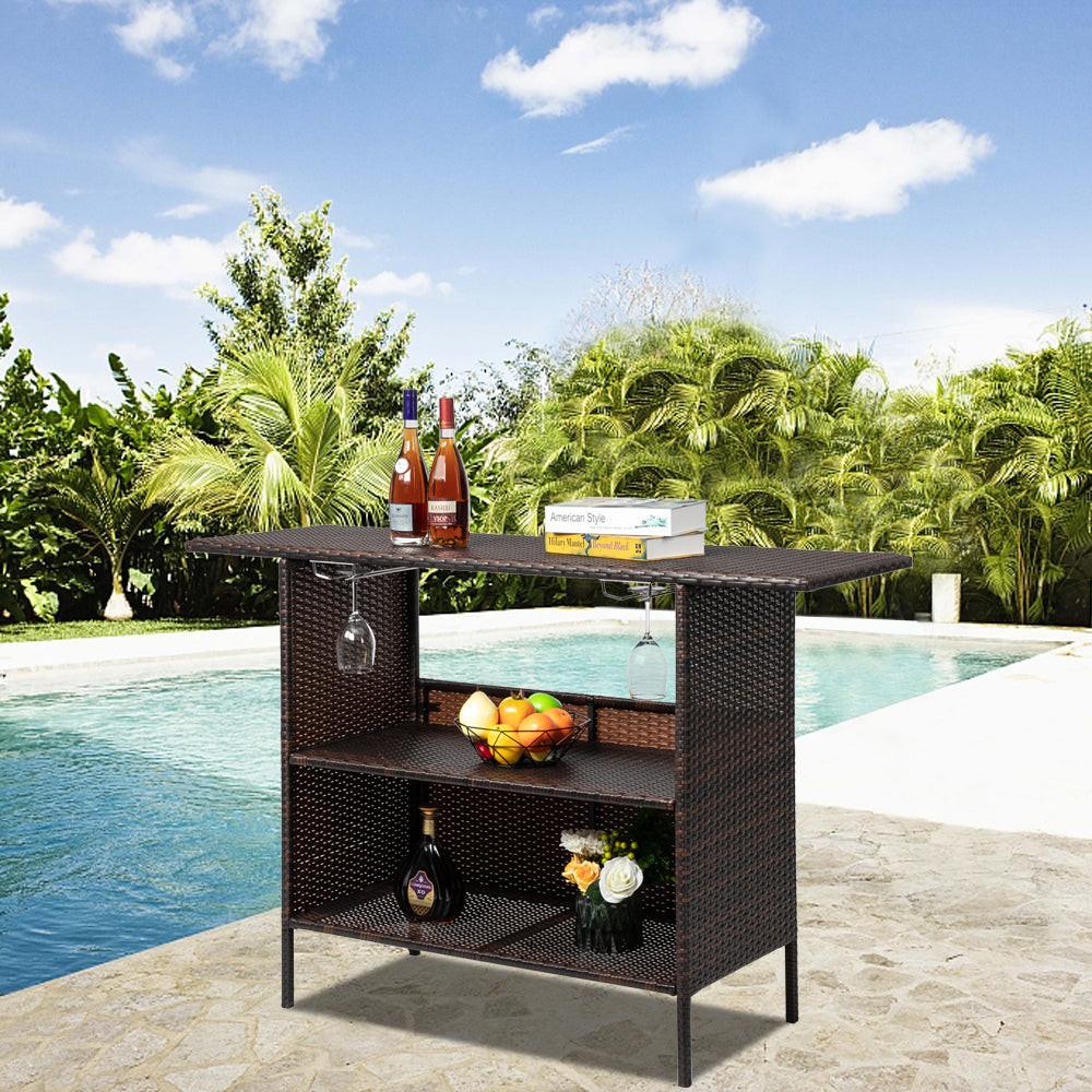 Including 2 Wine Glass Holders, Brown Gradient Woven Rattan Bar Table