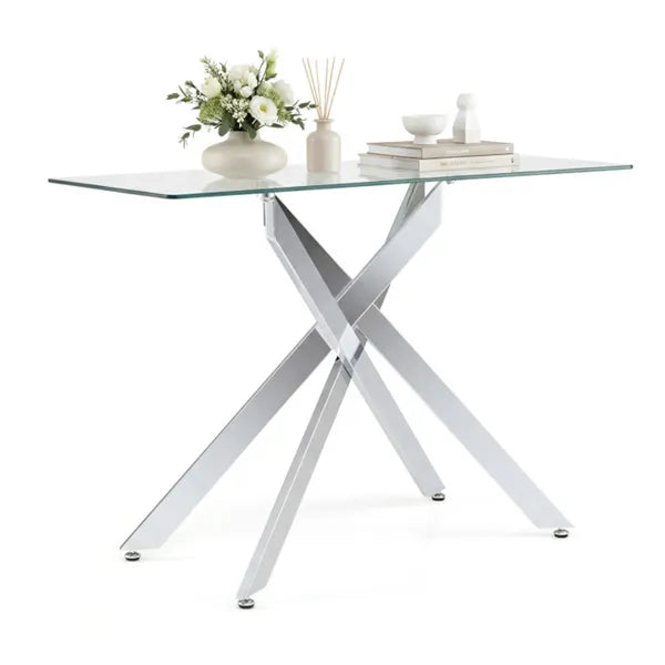 45 Inch Tempered Glass Entryway Table, Silver Chrome Metal Console Table With Adjustable Feet For Home Decor.