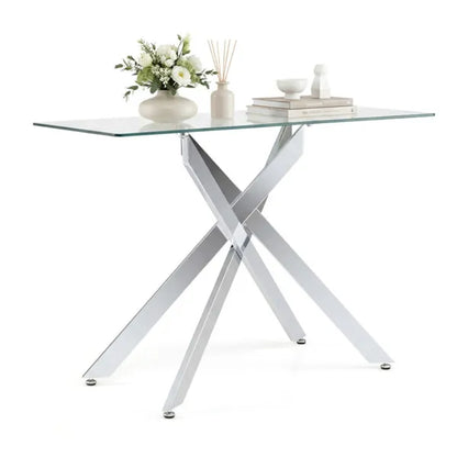 45 Inch Tempered Glass Entryway Table, Silver Chrome Metal Console Table With Adjustable Feet For Home Decor.