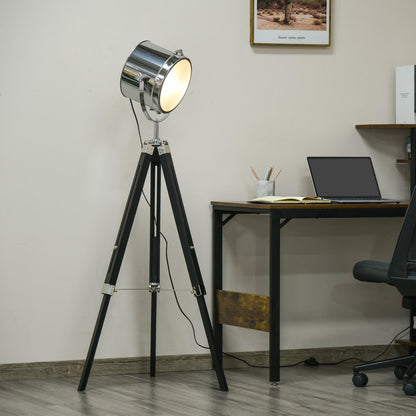 Industrial Style Adjustable Tripod Floor Lamp, Searchlight Lamp With Wooden Legs And Steel Lampshade, 110-155cm, Black