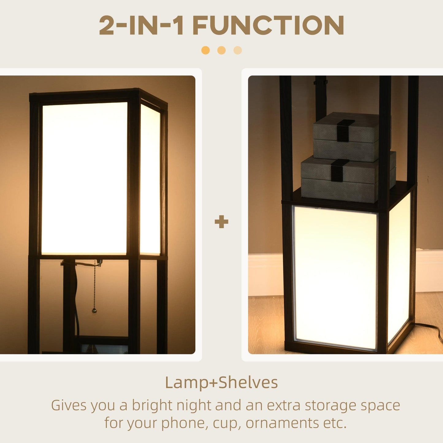 Modern Shelf Floor Lamp With Dual Ambient Light, Standing Lamp Living Room, Bedroom, 10.25"x10.25"x61.5", Black