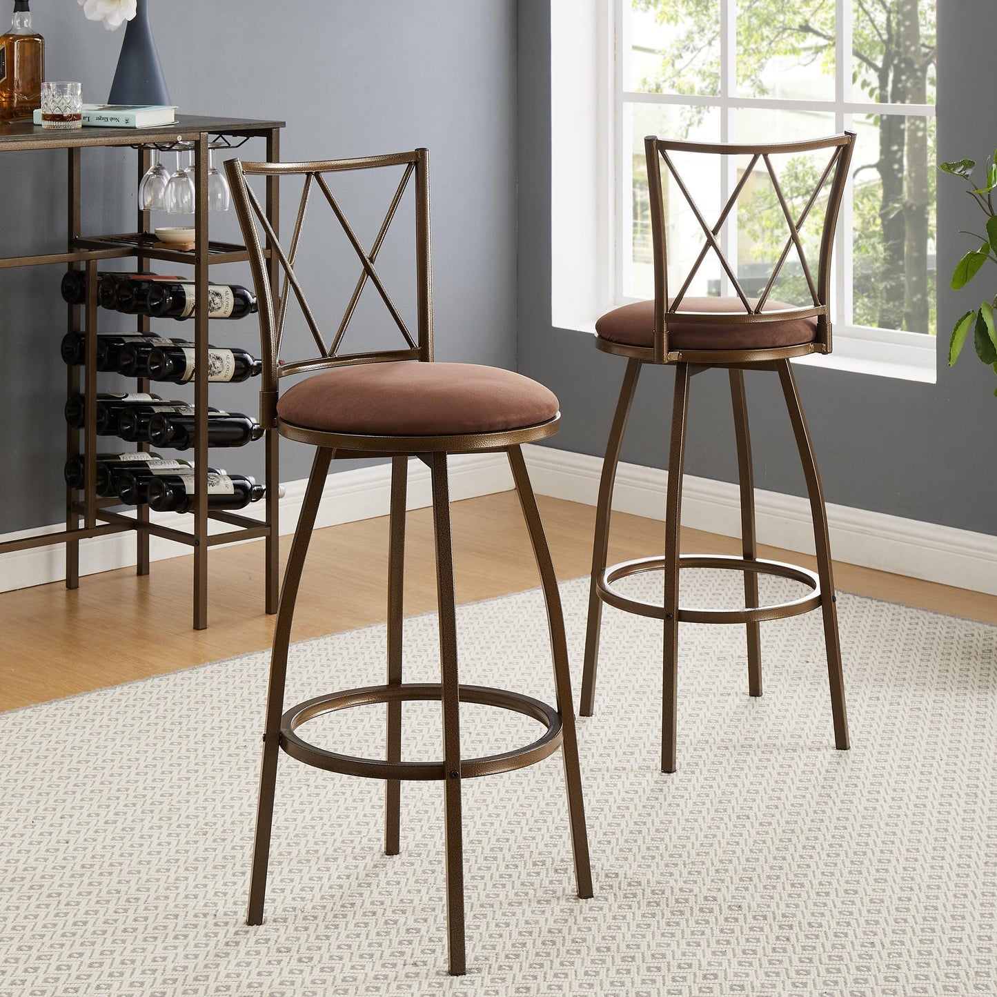 2 Piece Brown Fabric + Metal Bar Stools with Footrest