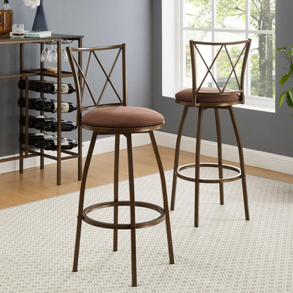 2 Piece Brown Fabric + Metal Bar Stools with Footrest