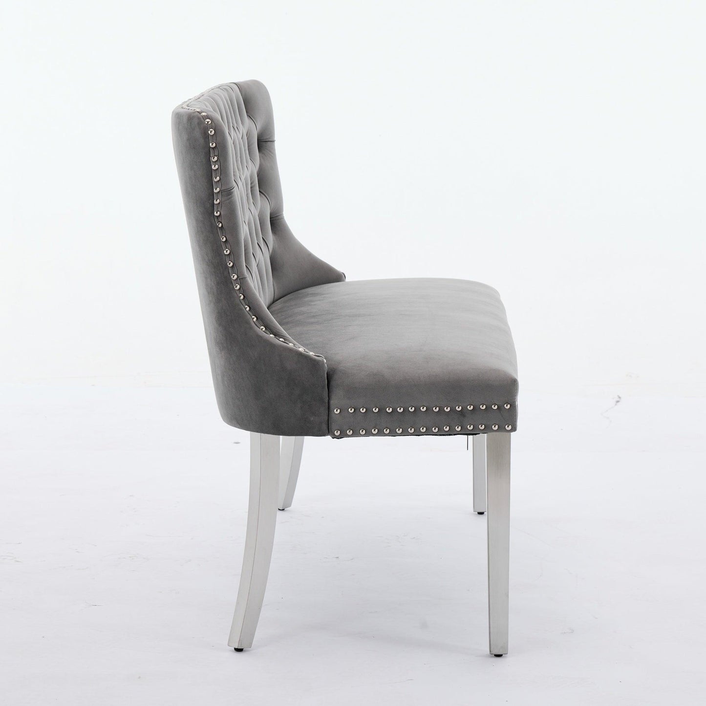 Gray Velvet Dining Loveseat Bench, Kitchen & Dining Seating, 2-Seat Tufted Bench w/ Handmade Buttons, Wing Back, Brushed Silver Stainless Steel Legs, Mid Century Modern.