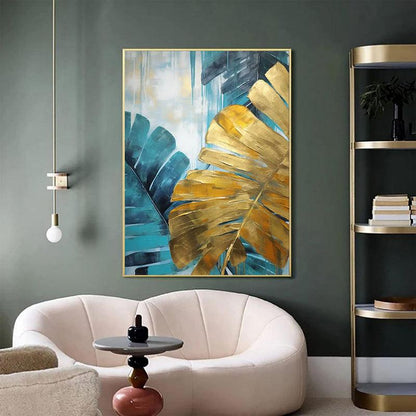 Handmade Oil Painting Canvas Wall Art Decoration Green And Golden Banana Large Leaves For Home Decor Rolled Frameless Unstretched Painting.