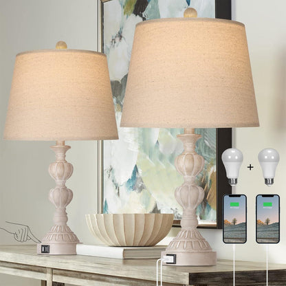 Touch Control Coastal Farmhouse Table Lamp Set Of 2, 3-Way Dimmable Bedside Lamp With 2 USB Charging Ports, French Country Style Nightstand Lamp For Living Room, Bedroom - Washed White.