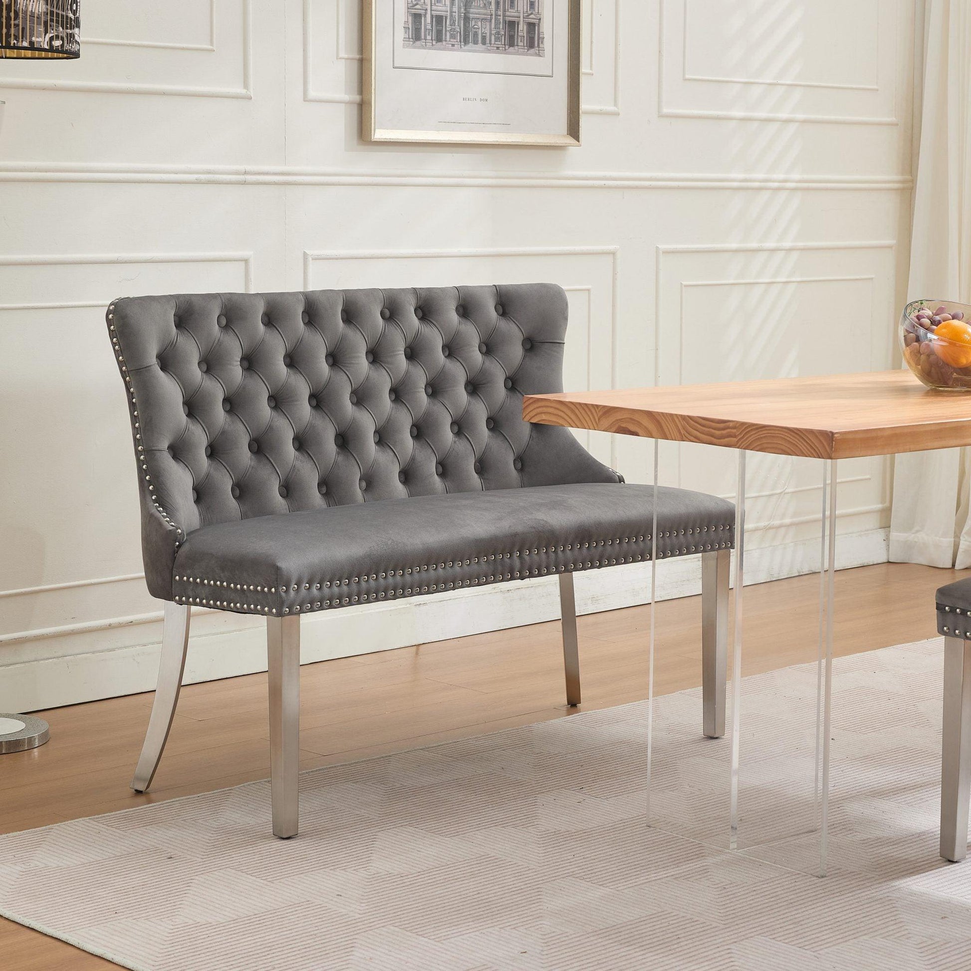 Gray Velvet Dining Loveseat Bench, Kitchen & Dining Seating, 2-Seat Tufted Bench w/ Handmade Buttons, Wing Back, Brushed Silver Stainless Steel Legs, Mid Century Modern.