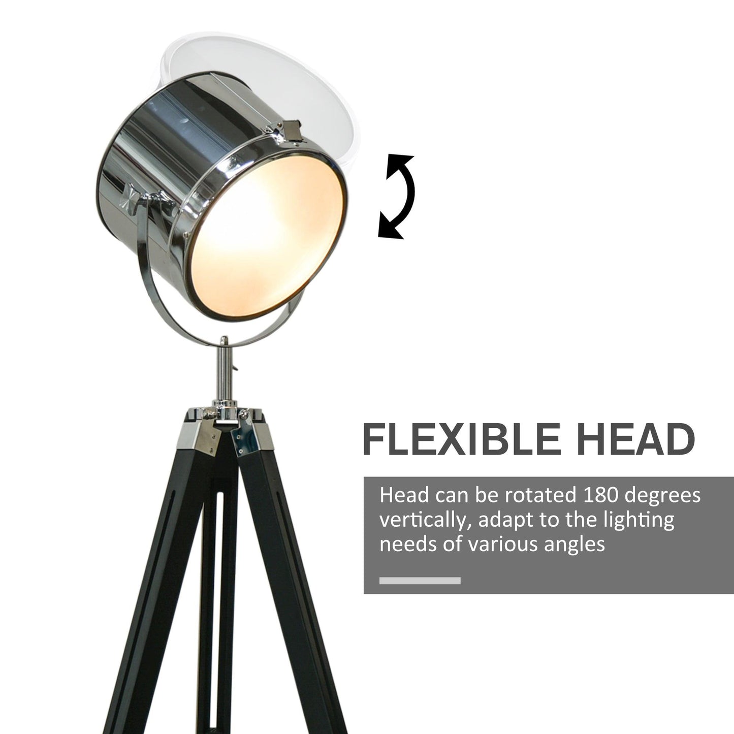 Industrial Style Adjustable Tripod Floor Lamp, Searchlight Lamp With Wooden Legs And Steel Lampshade, 110-155cm, Black