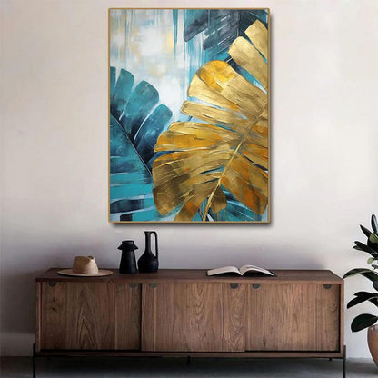 Handmade Oil Painting Canvas Wall Art Decoration Green And Golden Banana Large Leaves For Home Decor Rolled Frameless Unstretched Painting.
