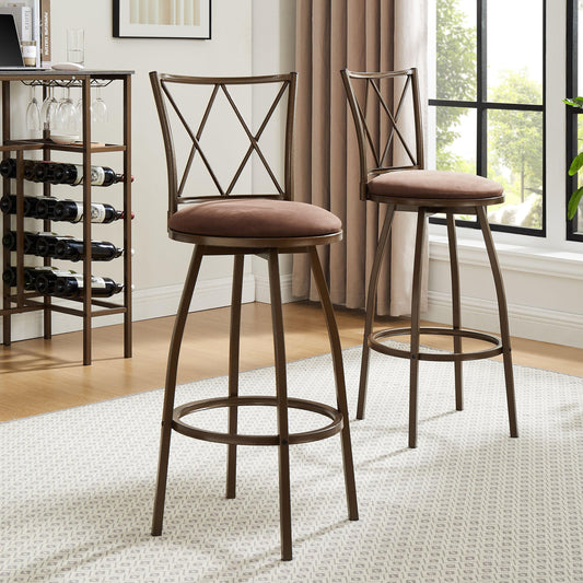 2 Piece Brown Fabric + Metal Bar Stools with Footrest