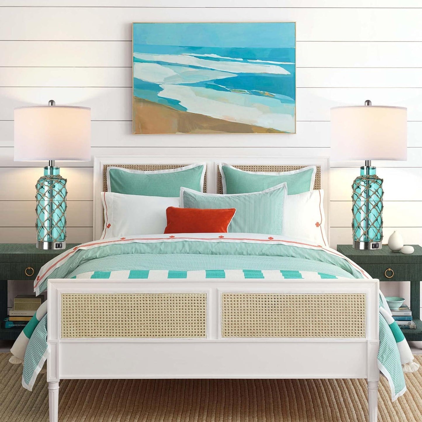 Cottage Nautical Accent Table Lamp Set Of 2, Touch Control Coastal Blue Green Glass Rope Net Bedside Lamp With 2 USB Ports, 3-Way Dimmable Nightstand Lamps With White Shade For Living Room, Bedroom
