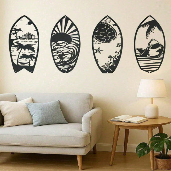4 Piece Metal Surfboard Wall Art, Coastal Beach House Decor Modern Sculpture for Living Room Bedroom Kitchen - Gift.