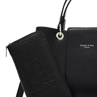 Elegant faux leather handbag with sophisticated design, perfect for formal occasions and stylish everyday use.