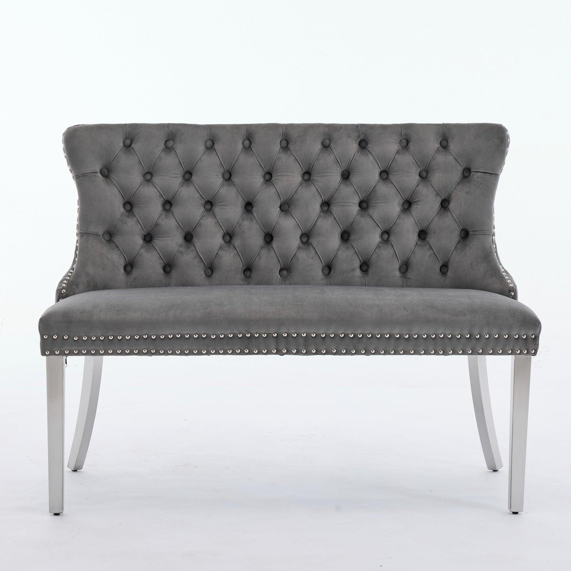 Gray Velvet Dining Loveseat Bench, Kitchen & Dining Seating, 2-Seat Tufted Bench w/ Handmade Buttons, Wing Back, Brushed Silver Stainless Steel Legs, Mid Century Modern.