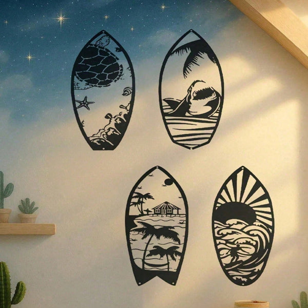 4 Piece Metal Surfboard Wall Art, Coastal Beach House Decor Modern Sculpture for Living Room Bedroom Kitchen - Gift.