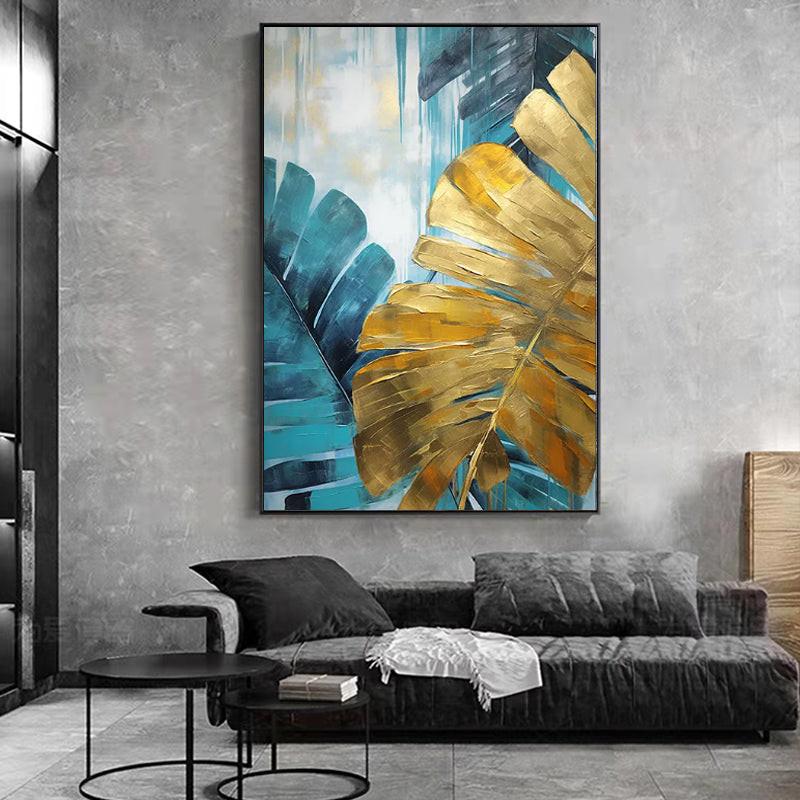 Handmade Oil Painting Canvas Wall Art Decoration Green And Golden Banana Large Leaves For Home Decor Rolled Frameless Unstretched Painting.