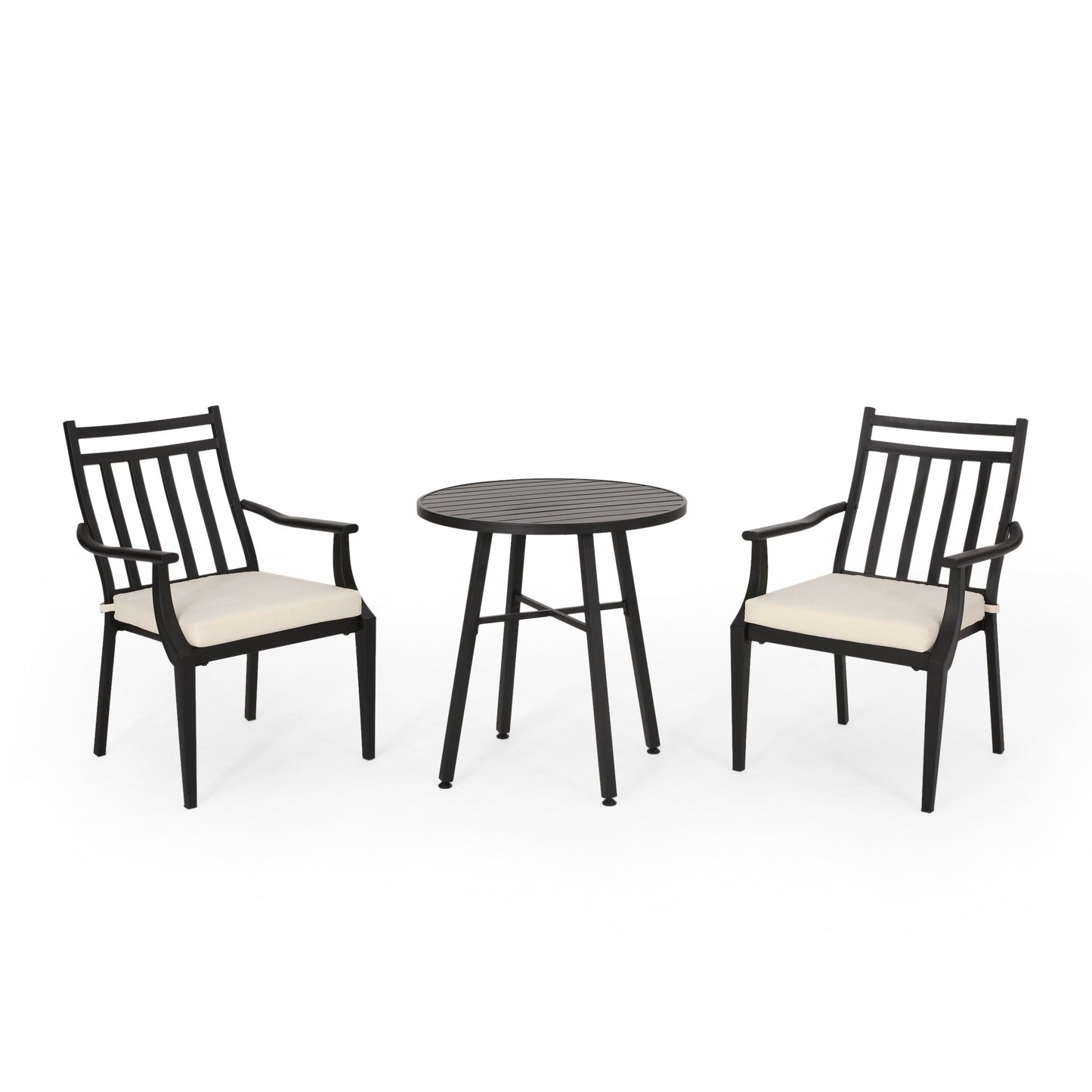 Elegant metal bistro table and chairs set, perfect for stylish outdoor dining spaces