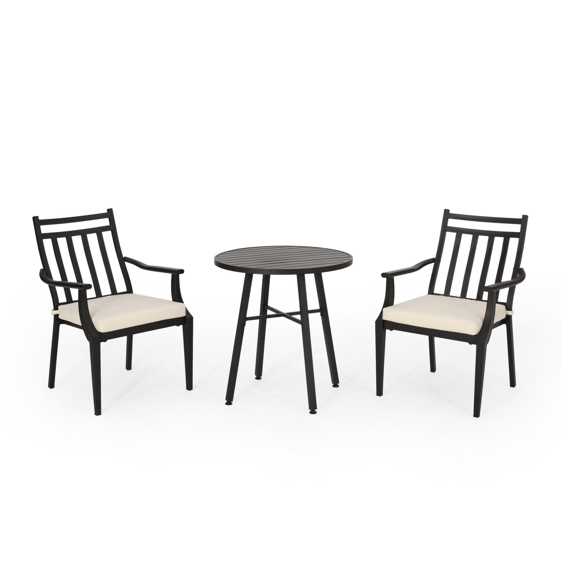 Elegant metal bistro table and chairs set, perfect for stylish outdoor dining spaces