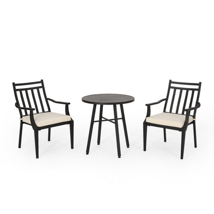 Elegant metal bistro table and chairs set, perfect for stylish outdoor dining spaces