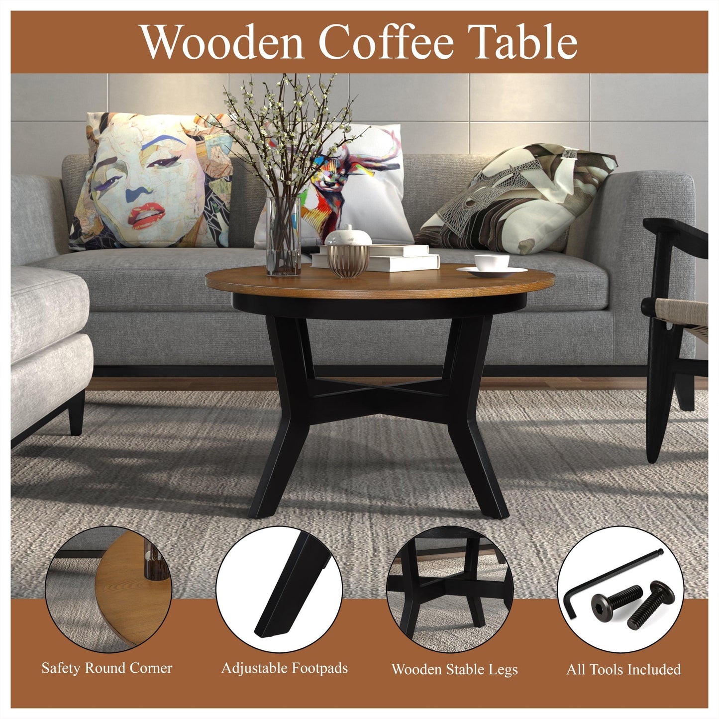 32inch Wood Round Coffee Table for Living Room, Mid Century Farmhouse