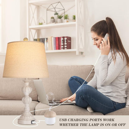 Touch Control Coastal Farmhouse Table Lamp Set Of 2, 3-Way Dimmable Bedside Lamp With 2 USB Charging Ports, French Country Style Nightstand Lamp For Living Room, Bedroom - Washed White.
