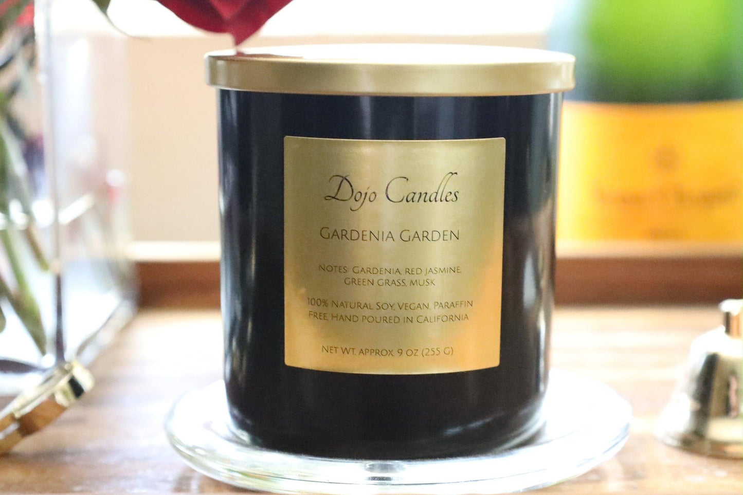 Elegant Gardenia Gardens luxury candle enhancing home ambiance with sophisticated fragrance and design.
