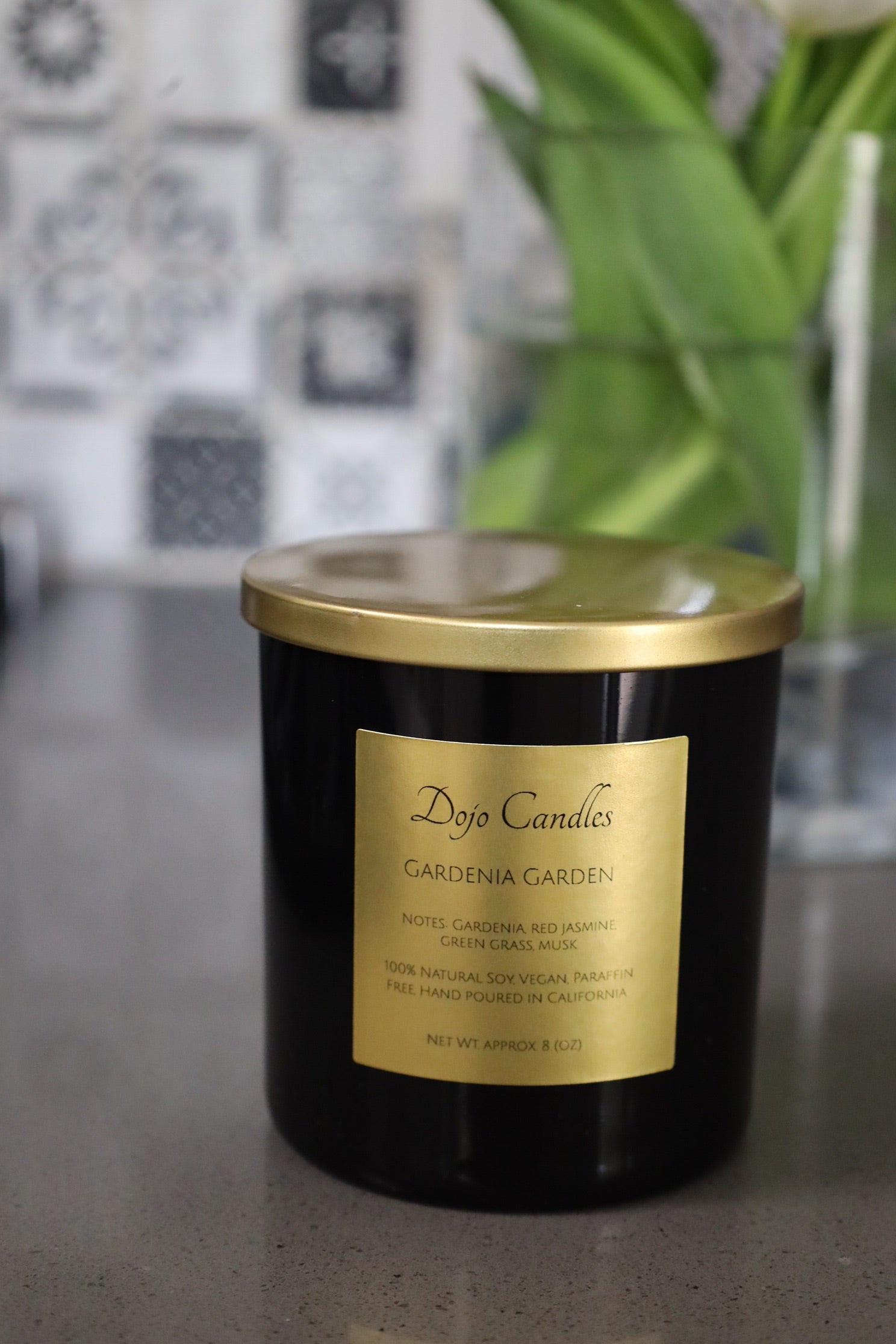 Elegant Gardenia Gardens luxury candle enhancing home ambiance with sophisticated fragrance and design.