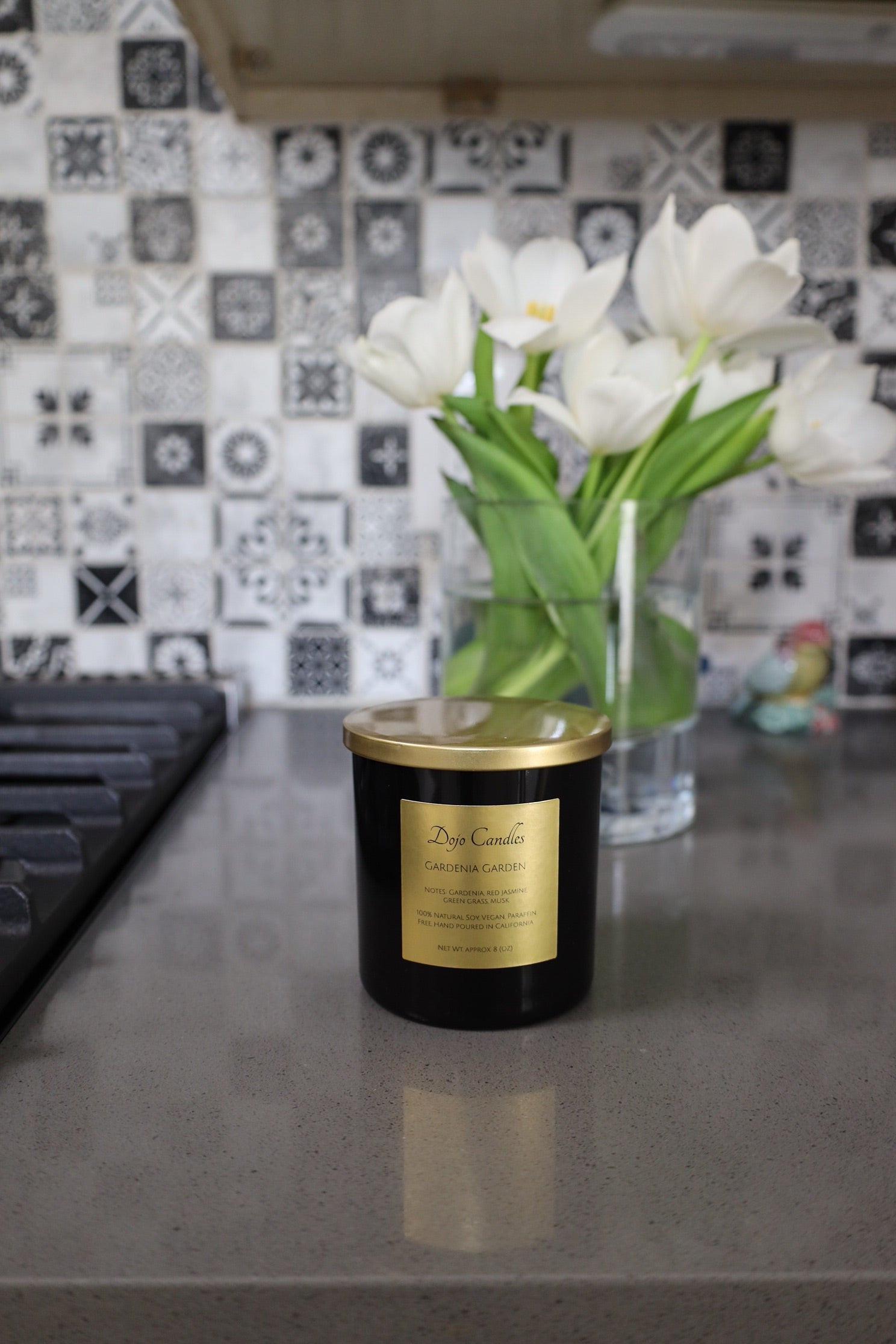 Elegant Gardenia Gardens luxury candle enhancing home ambiance with sophisticated fragrance and design.