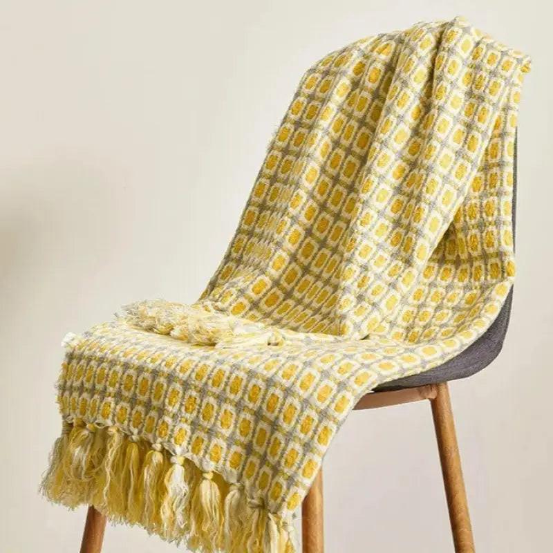 Pastoral Style Yellow Knitted Houndstooth Wool Blanket