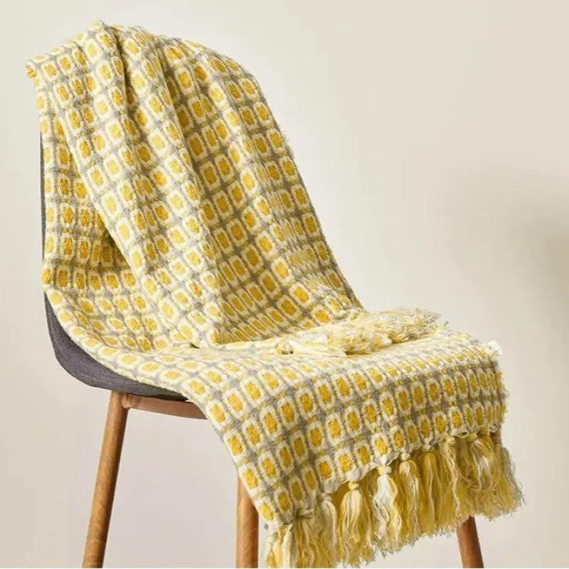 Pastoral Style Yellow Knitted Houndstooth Wool Blanket