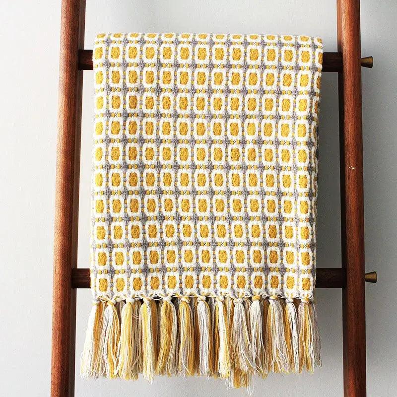 Pastoral Style Yellow Knitted Houndstooth Wool Blanket